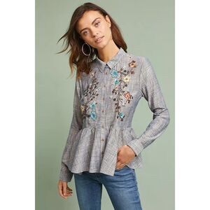 Anthropologie x HD in Paris Ella Embroidered Peplum Shirt Size S